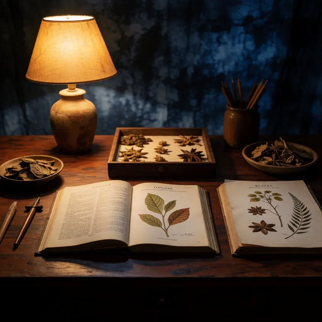 Botanical research workspace with reference books