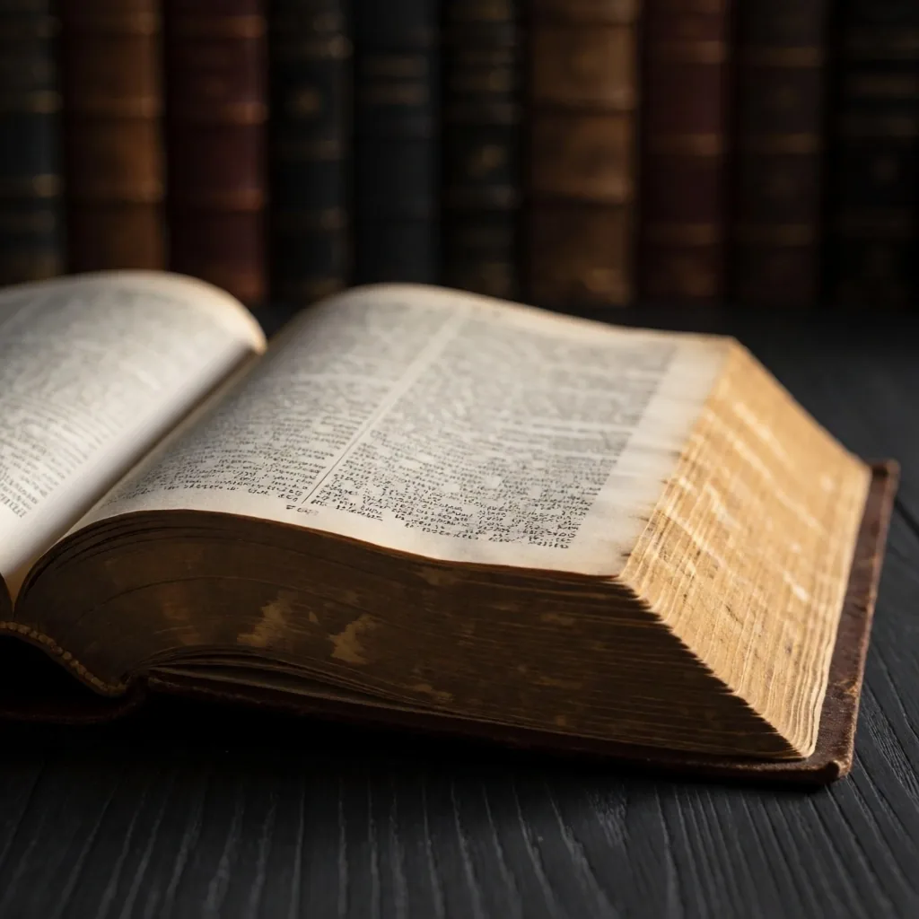 Open reference book on a dark desk under warm lamplight