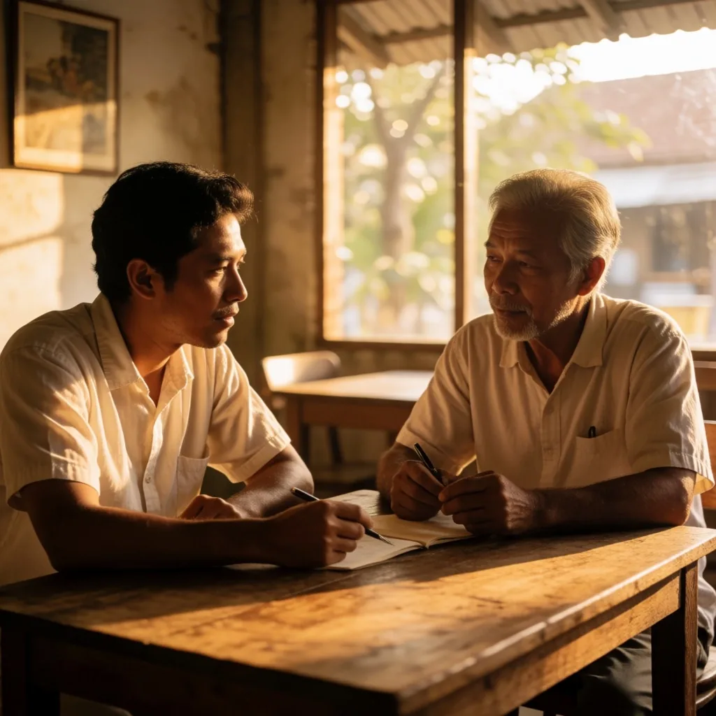 Two men of different ages reviewing notes at a wooden table