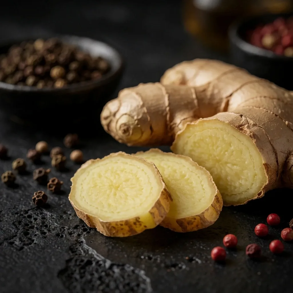 Dried ginger root on dark surface
