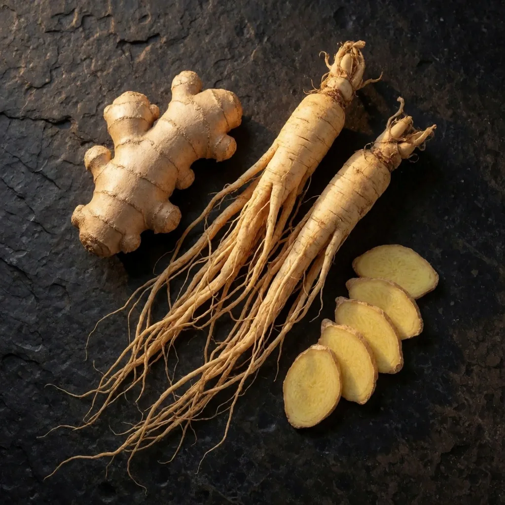 Ginseng and ginger roots on dark surface