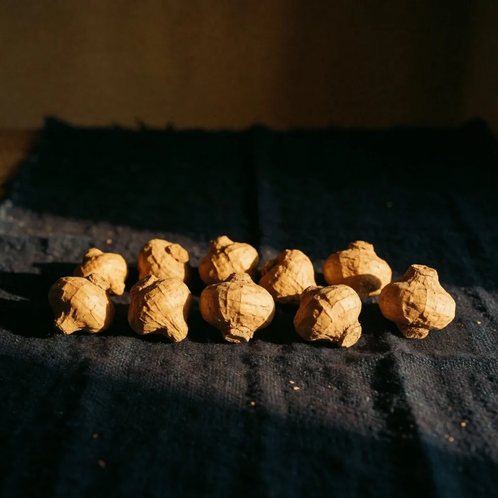 Dried maca root tubers on dark textile