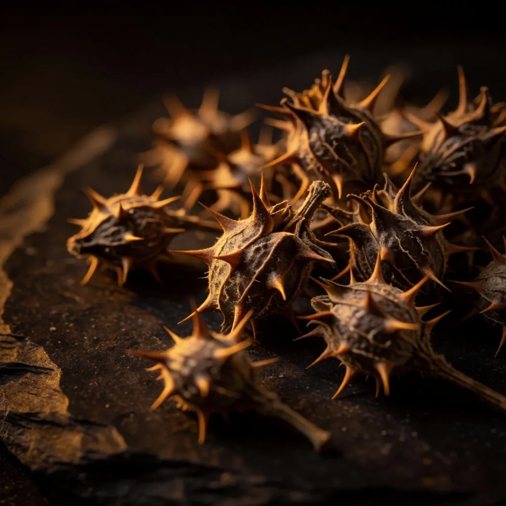 Dried Tribulus terrestris plant on dark stone
