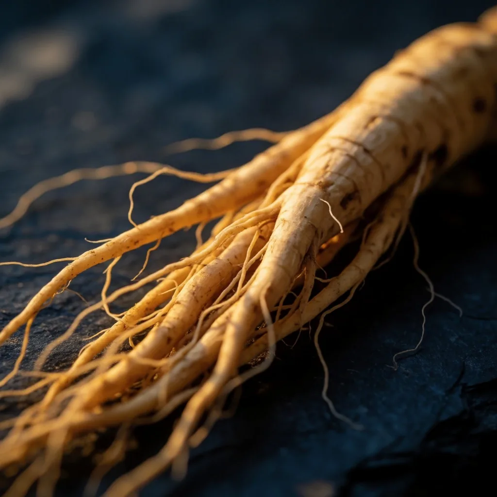 Macro study of a ginseng root on dark indigo stone