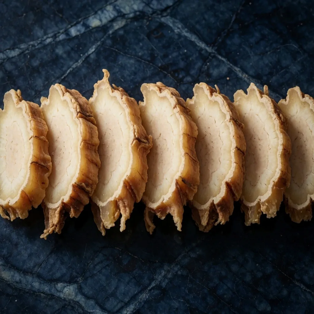 Sliced red ginseng root cross-sections on dark stone