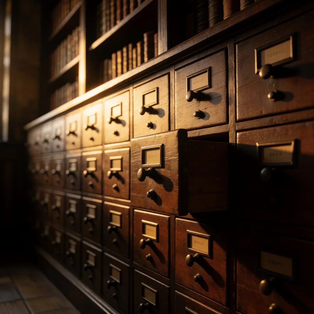Archival storage shelves illuminated by warm amber light