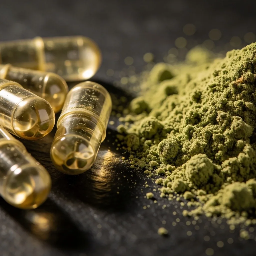 Capsules and powder side by side on dark surface