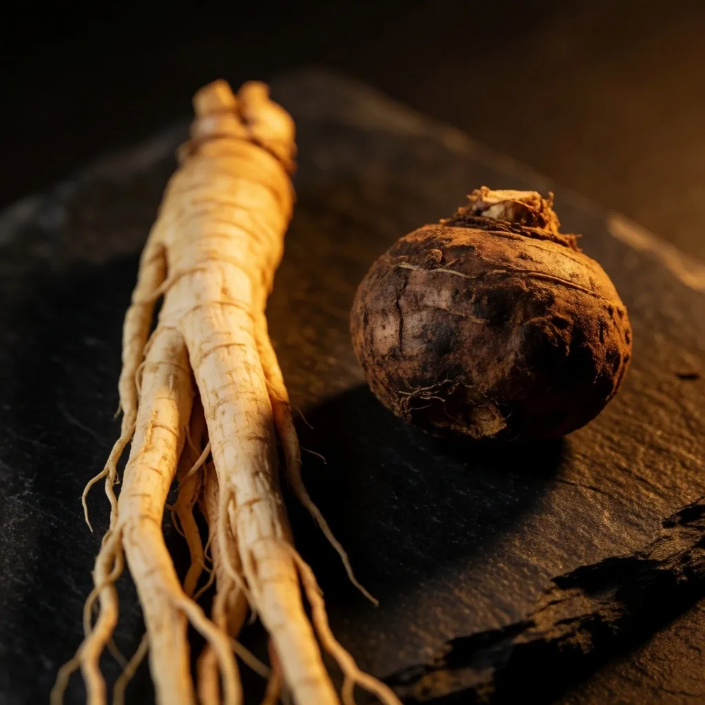 Ginseng and maca roots compared on dark stone