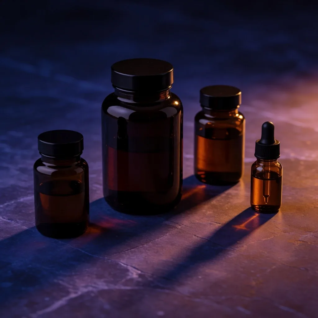 Dark amber glass bottles on a deep indigo surface, lit by warm low-angle light