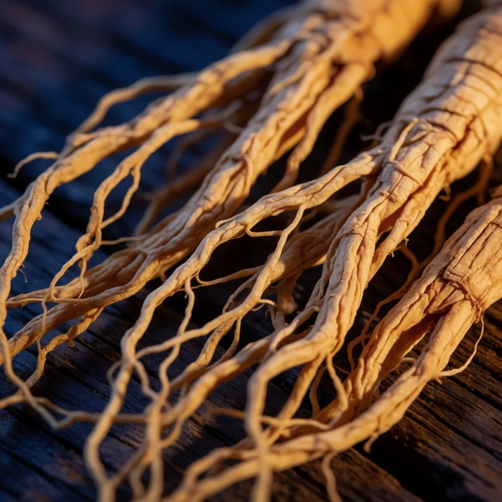Dried ginseng roots arranged on dark weathered wood