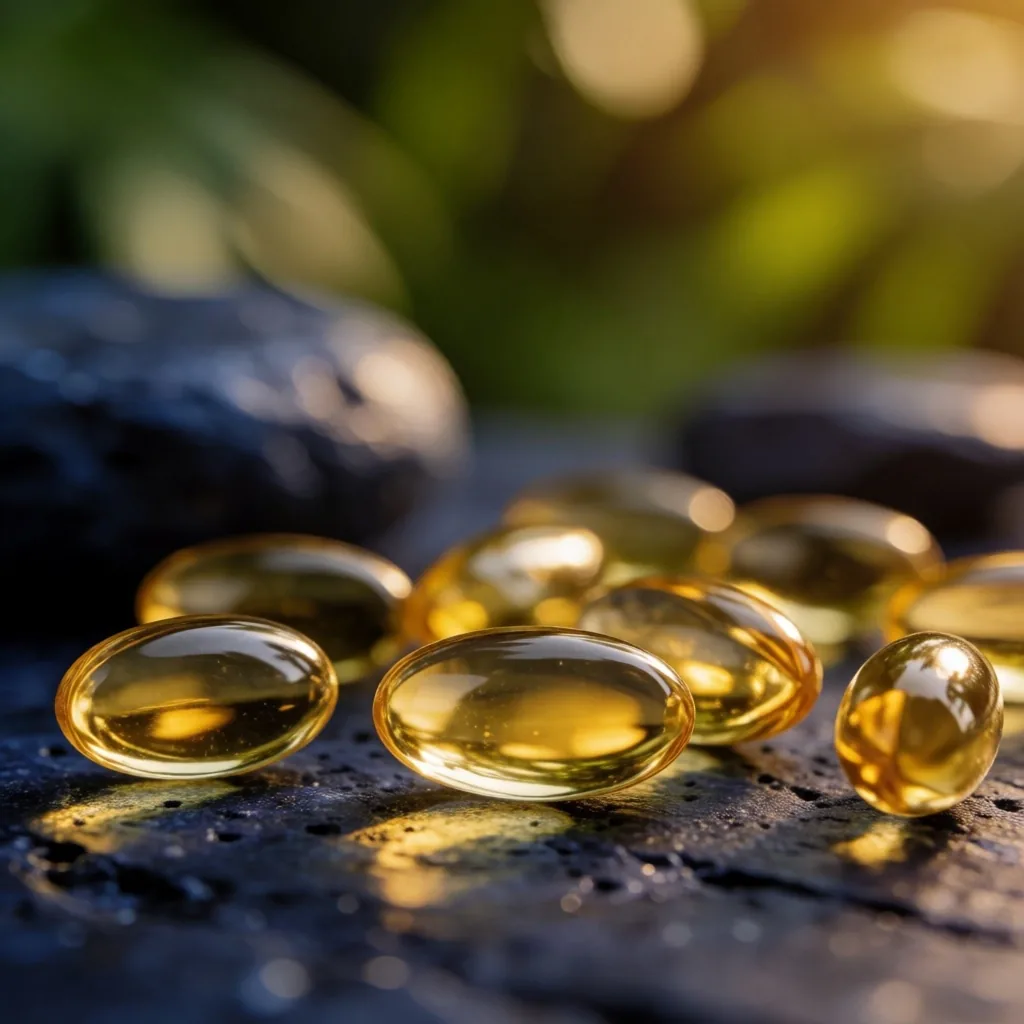 Golden B-vitamin capsules on dark indigo stone surface